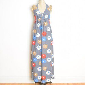vintage 70s sun dress navy floral poppy print halter long maxi hippie boho M